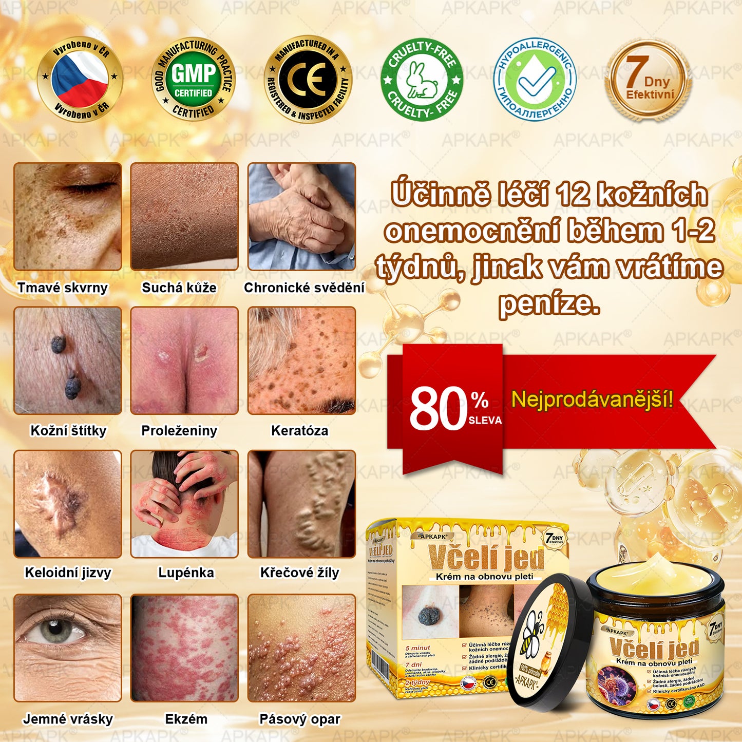 ✅𝖠𝖯𝖪𝖠𝖯𝖪® Krém s včelím jedem na obnovu pokožky 🐝 pomáhá při řešení kožních problémů, jako jsou: vrásky, jizvy, pigmentové skvrny, strie, akné, lupénka, ekzém, kožní léze, podráždění, záněty a další kožní potíže.